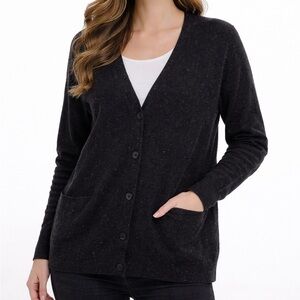 COS 100% Virgin Wool V Neck Button Front Cardigan Sweater Charcoal Speckle